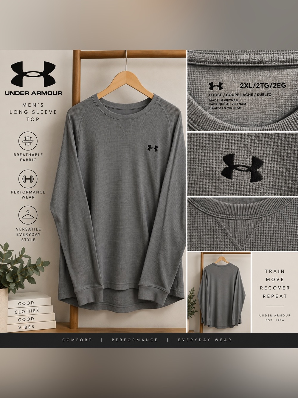 Under Armour Men’s 2XL Grey Waffle Knit Long Sleeve Performance Shirt
